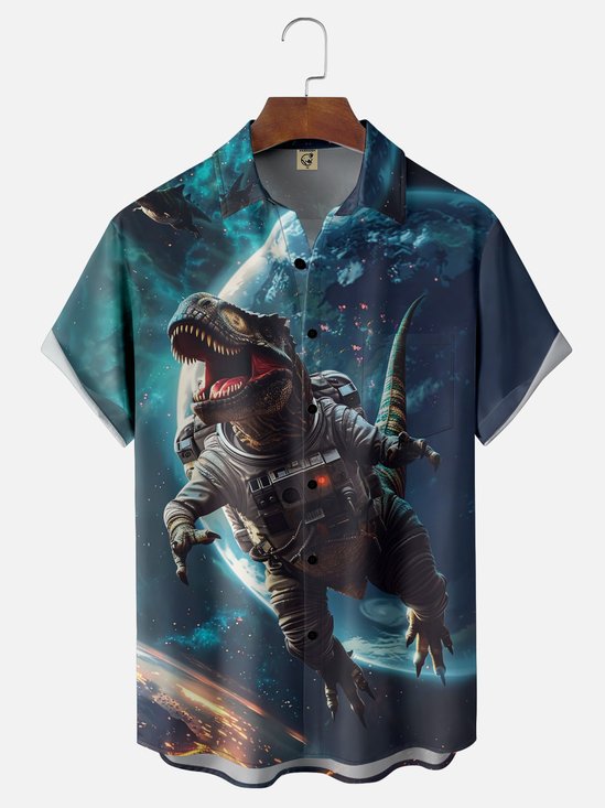 Moisture-wicking Dinosaur Astronaut Fun Chest Pocket Casual Shirt