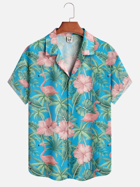 Moisture Wicking Tropical Floral Flamingo Hawaiian Shirt