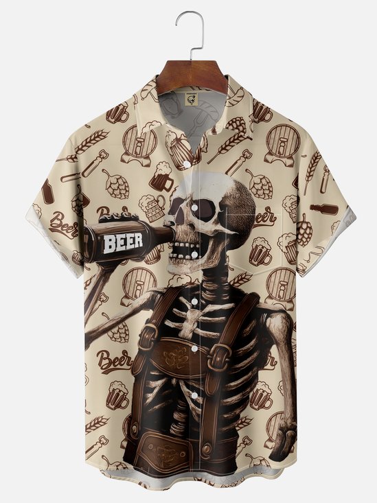 Moisture-wicking Fun Oktoberfest Skull Art Chest Pocket Casual Shirt