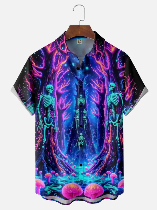 Moisture-wicking Halloween Skeleton Fun Chest Pocket Casual Shirt