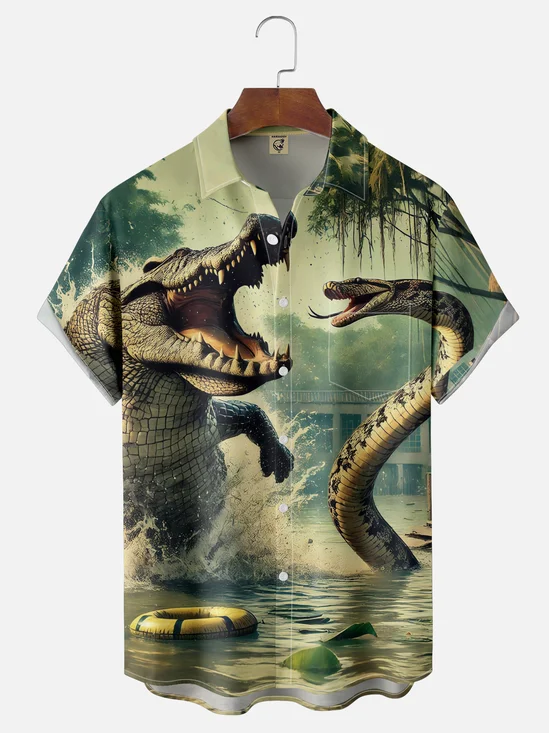 Moisture-wicking Alligator vs. Python Swamp Art Chest Pocket Hawaiian Shirt