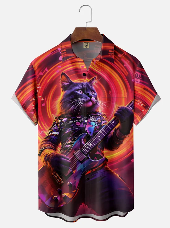 Moisture Wicking Music Guitar Cat Chest Pocket Hawaiian Shirt