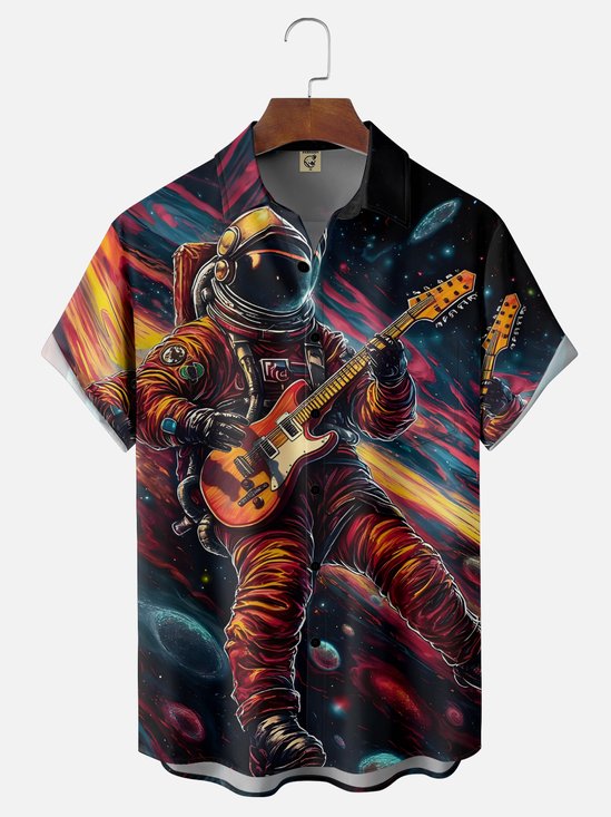 Moisture Wicking Music Guitar Astronaut Chest Pocket Hawaiian Shirt
