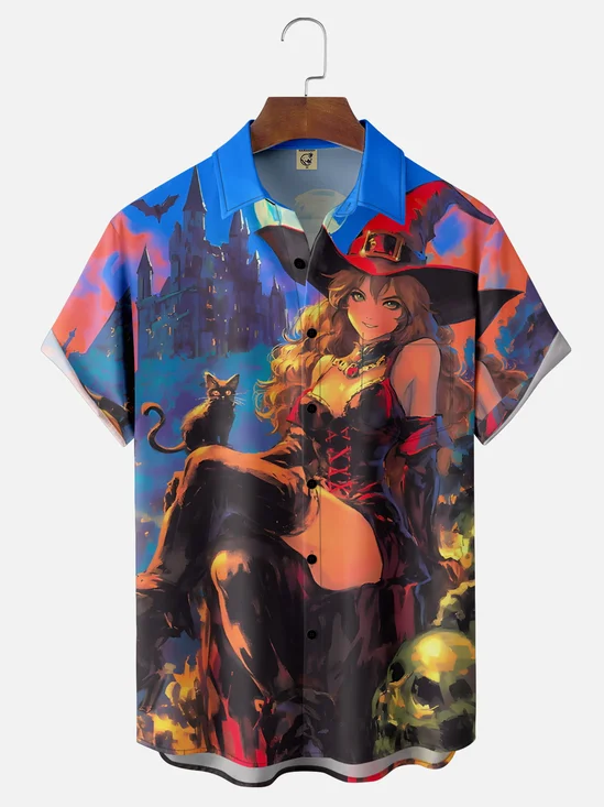 Moisture Wicking Halloween Witch Chest Pocket Hawaiian Shirt