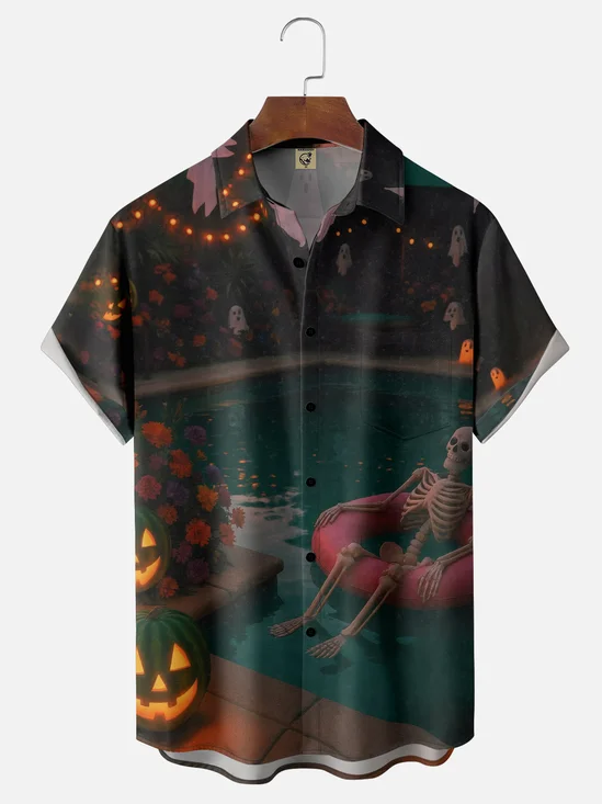 Moisture-wicking Funny Watermelon Skull Halloween Chest Pocket Hawaiian Shirt