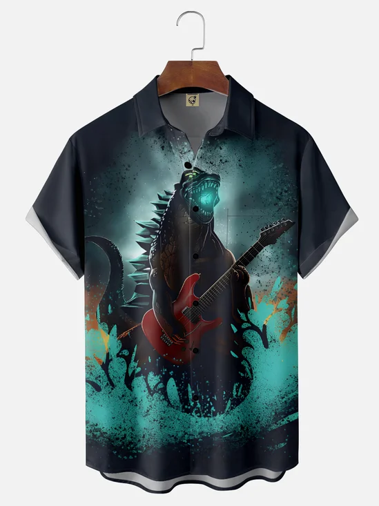 Moisture Wicking Music Guitar Dinosaur Chest Pocket Hawaiian Shirt