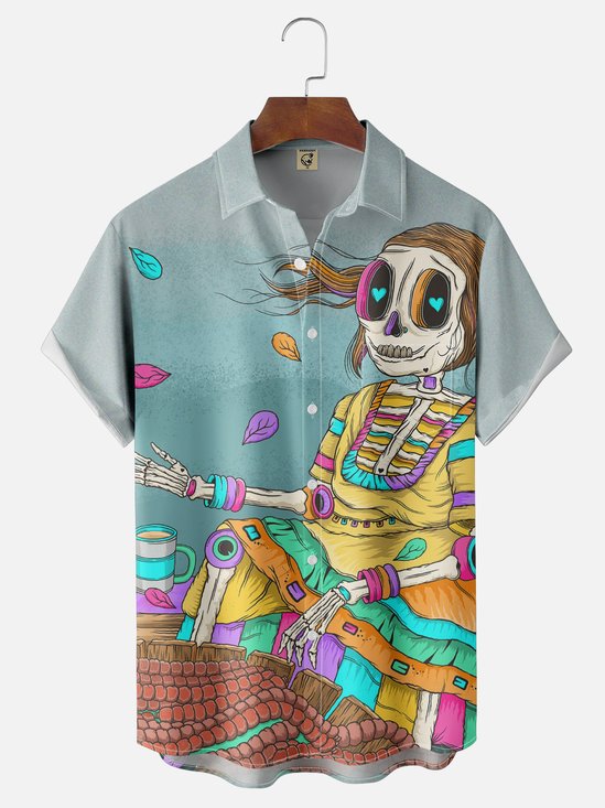Hardaddy x Blucranium Moisture-wicking Fantastic Skeleton Lady Illustration Art Chest Pocket Casual Shirt
