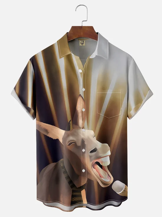 Moisture Wicking Musical Funny Donkey Chest Pocket Hawaiian Shirt