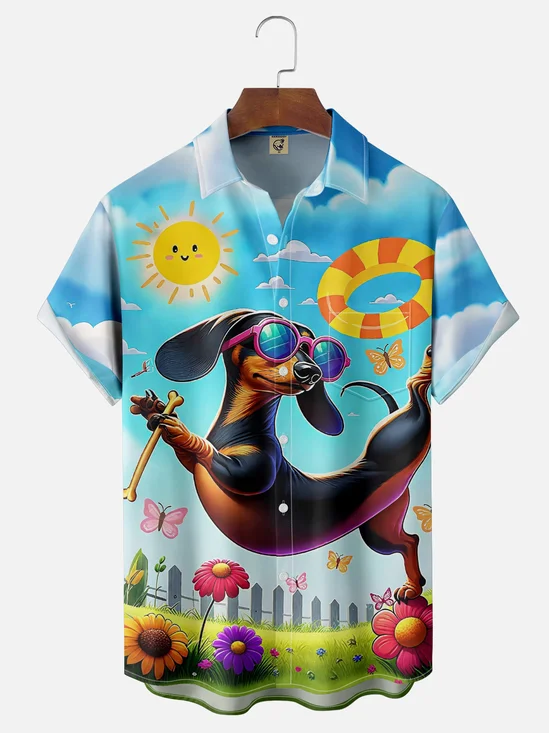 Moisture Wicking Fun Running Dachshund Chest Pocket Hawaiian Shirt