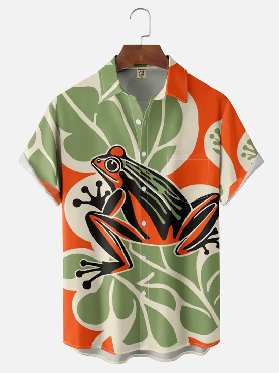 Moisture-wicking Tree Frog Tropical Plant Chest Pocket Hawaiian Shirt