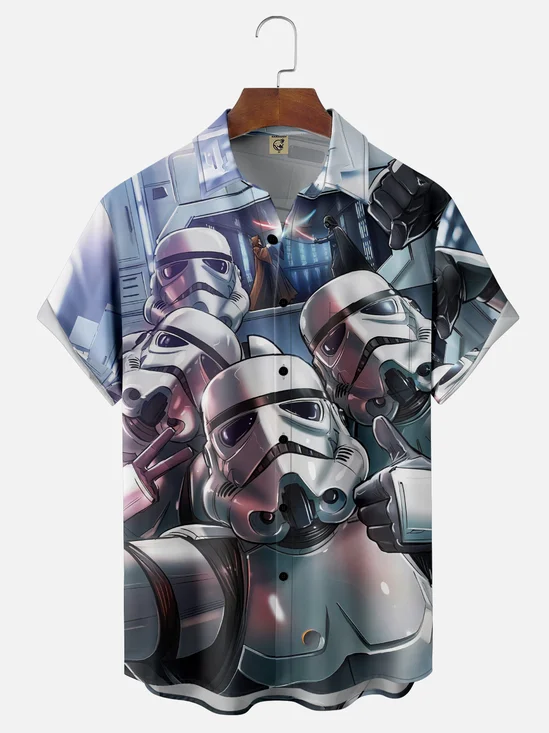 Moisture Wicking Gradient Star Robot Chest Pocket Hawaiian Shirt