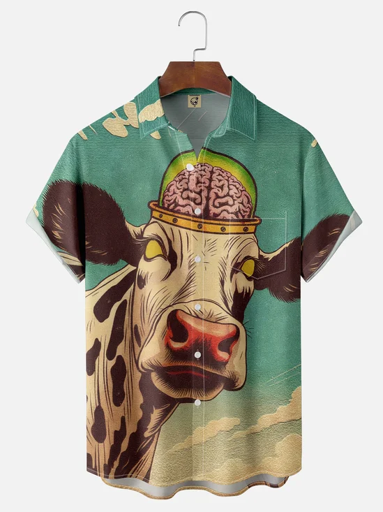 Moisture-Wicking Cow Chest Pocket Hawaiian Shirt