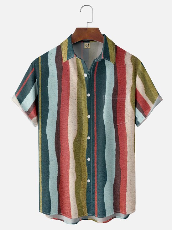 Moisture Wicking Geometric Stripes Chest Pocket Hawaiian Shirt