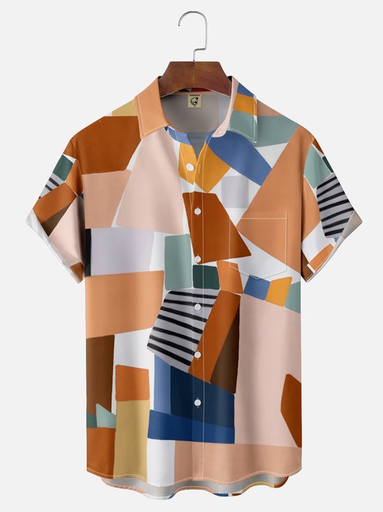 Moisture Wicking Geometric Color Block Chest Pocket Hawaiian Shirt