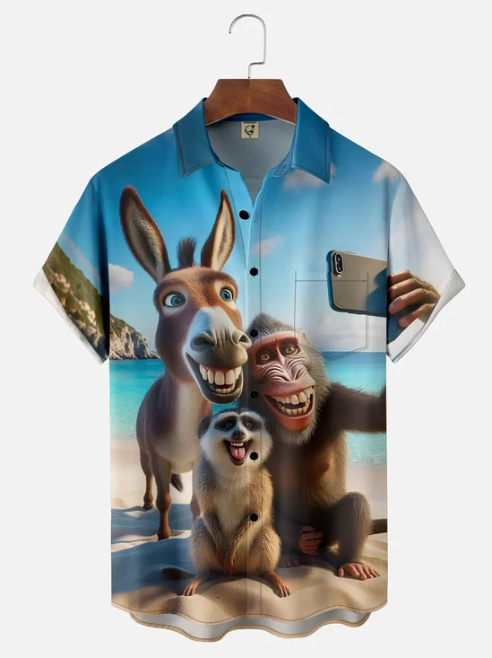 Moisture Wicking Bigfoot Raccoon Donkey Funny Fun Selfie Chest Pocket Hawaiian Shirt