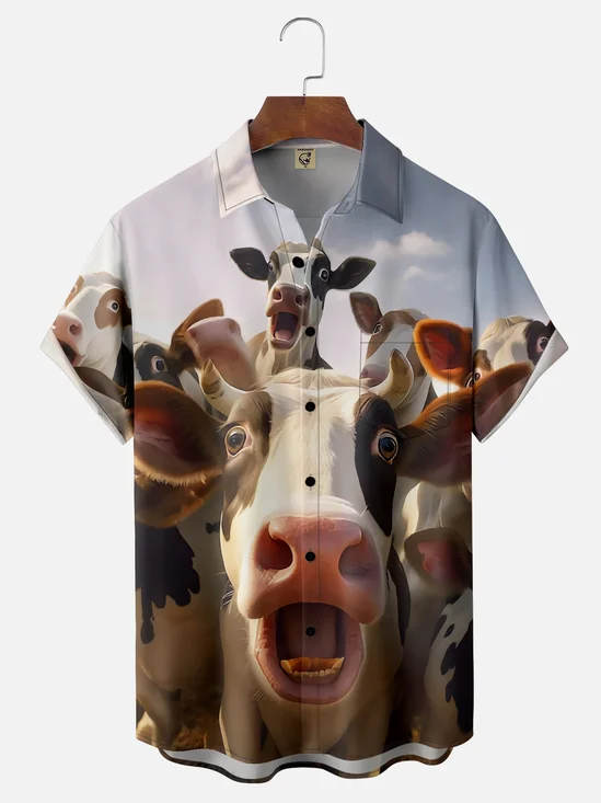 Moisture-Wicking Fun Headshot Cow Chest Pocket Hawaiian Shirt