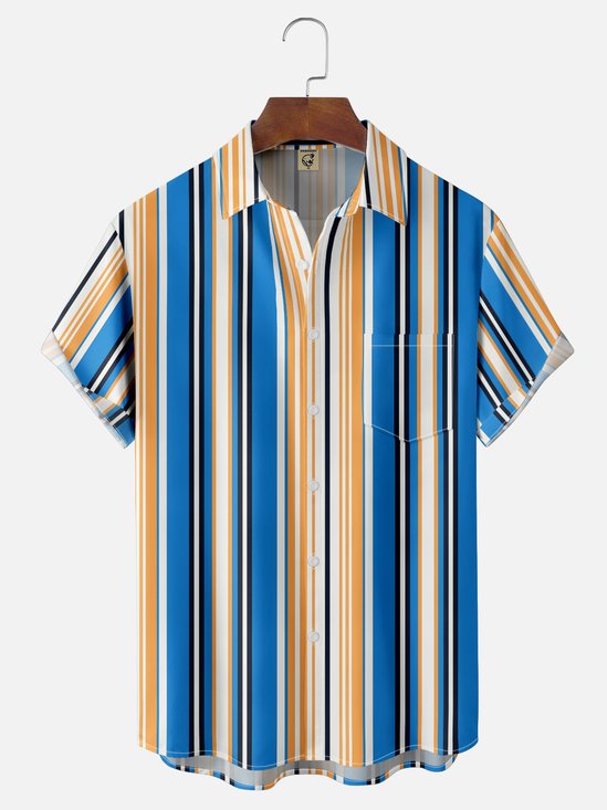 Moisture Wicking Geometric Stripes Chest Pocket Hawaiian Shirt