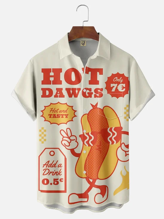 Moisture Wicking Vintage Hot Dog Poster Chest Pocket Hawaiian Shirt