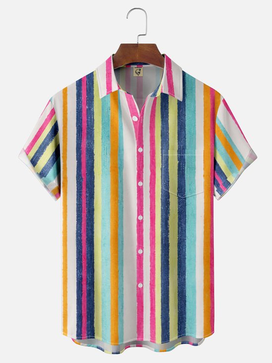 Moisture Wicking Geometric Stripes Chest Pocket Hawaiian Shirt