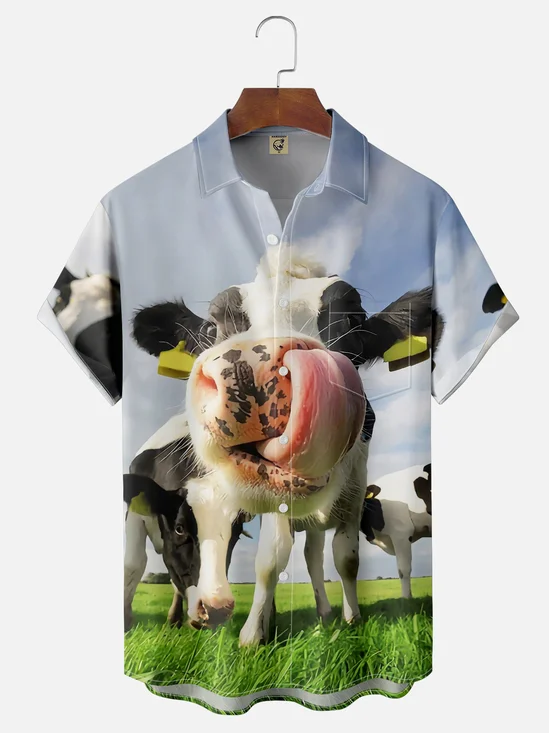Moisture-Wicking Fun Headshot Cow Chest Pocket Hawaiian Shirt