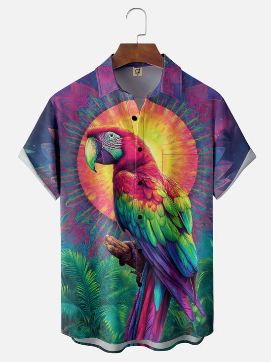 Moisture-Wicking Ombre Parrot Palm Leaf Chest Pocket Hawaiian Shirt