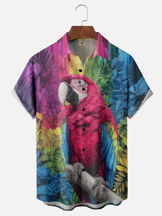Moisture-Wicking Gradient Parrot Tropical Plant Chest Pocket Hawaiian Shirt