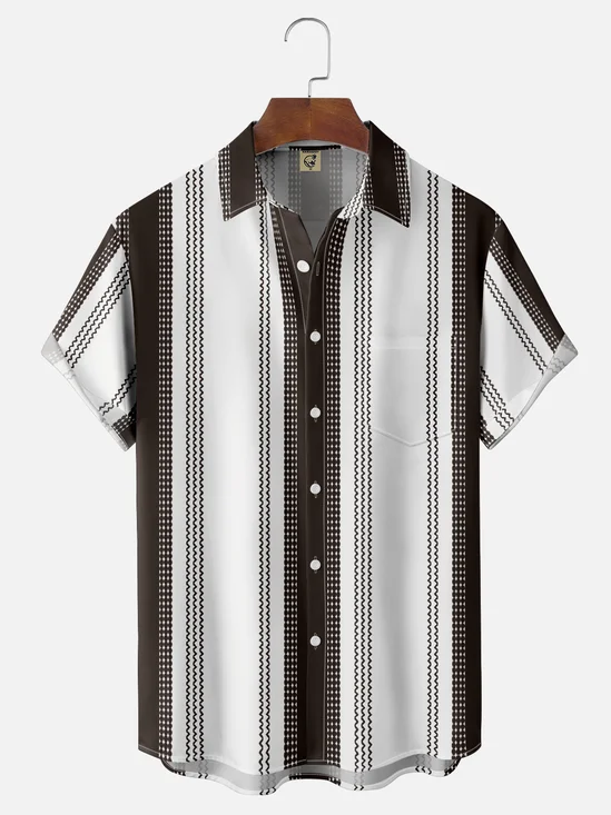Moisture Wicking Geometric Stripes Chest Pocket Bowling Shirt