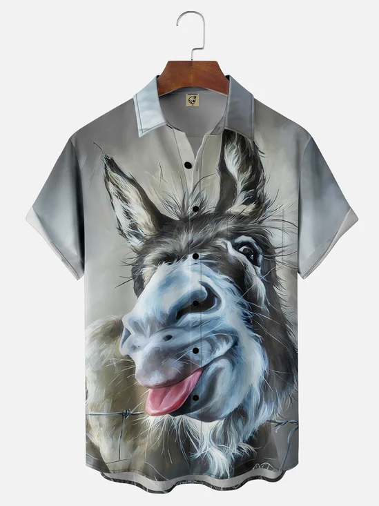 Moisture-Wicking Gradient Abstract Art Painting Funny Donkey Chest Pocket Hawaiian Shirt