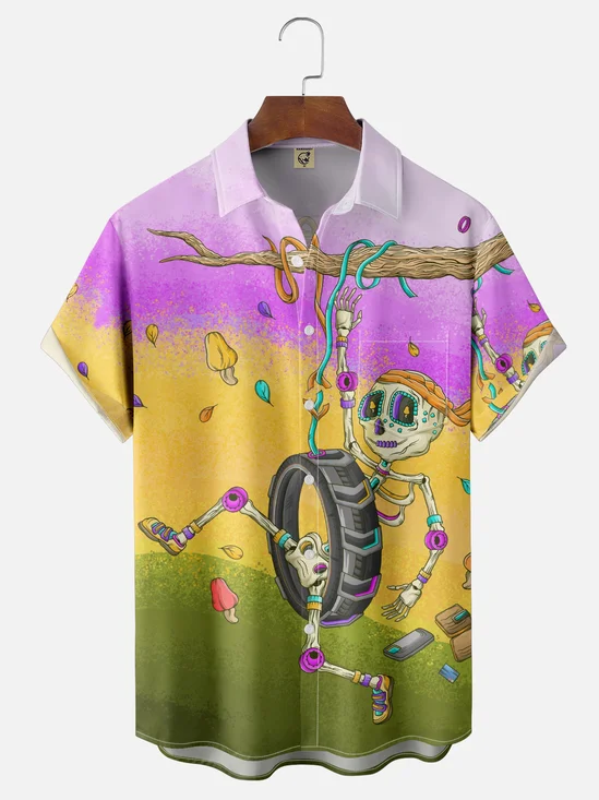 Hardaddy X Blucranium Moisture-wicking Skull Gradient Color Chest Pocket Hawalian Shirt