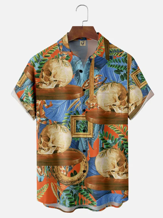 Hardaddy x Emmar Studio Moisture Wicking Vintage Floral Skull Chest Pocket Hawaiian Shirt