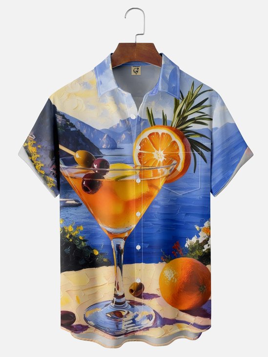 Moisture-Wicking Gradient Color Ocean View Cocktail Chest Pocket Hawaiian Shirt