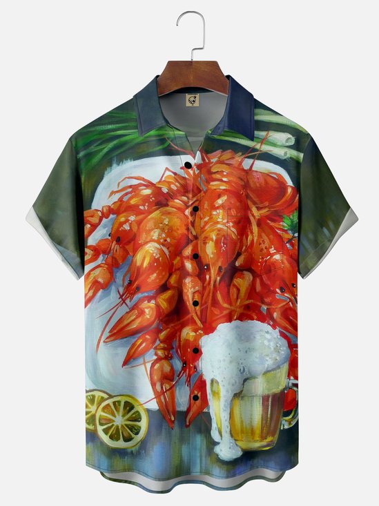 Moisture Wicking Beer Festival Lobster Art Chest Pocket Hawaiian Shirt