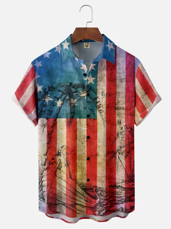 Moisture Wicking Gradient American Flag Sailboat Coconut Tree Line Drawing Chest Pocket Hawaiian Shirt
