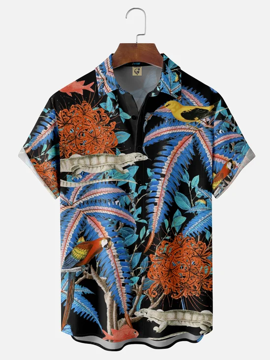 Hardaddy x Emmar Studio Moisture Wicking Vintage Plants, Birds, Parrots, Lizards Chest Pocket Hawaiian Shirt