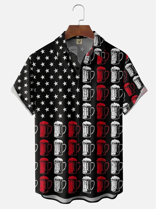 Moisture Wicking American Flag Vintage Beer Festival Chest Pocket Hawaiian Shirt