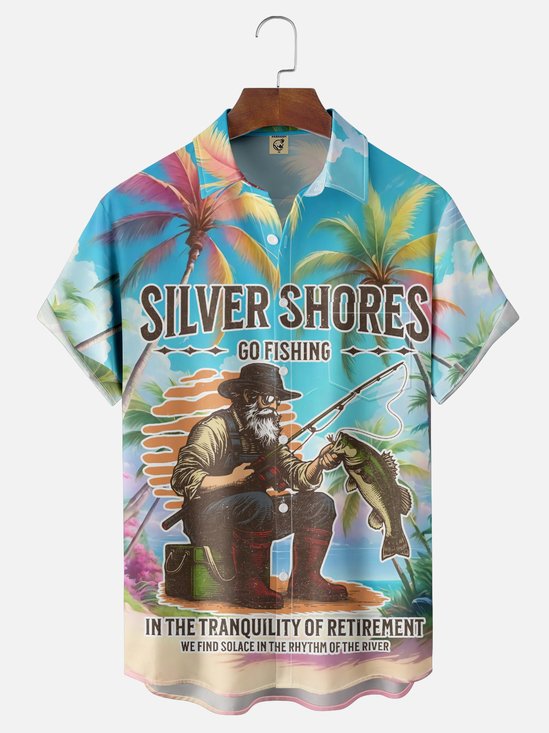 Moisture-wicking Palm Tree Retired Fishing Chest Pocket Hawaiian Shirt
