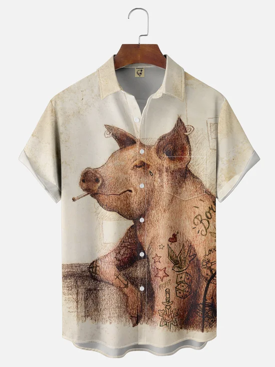 Hardaddy x Mikekoubou Moisture Wicking Artwork Fun Tattoo Pig Chest Pocket Hawaiian Shirt