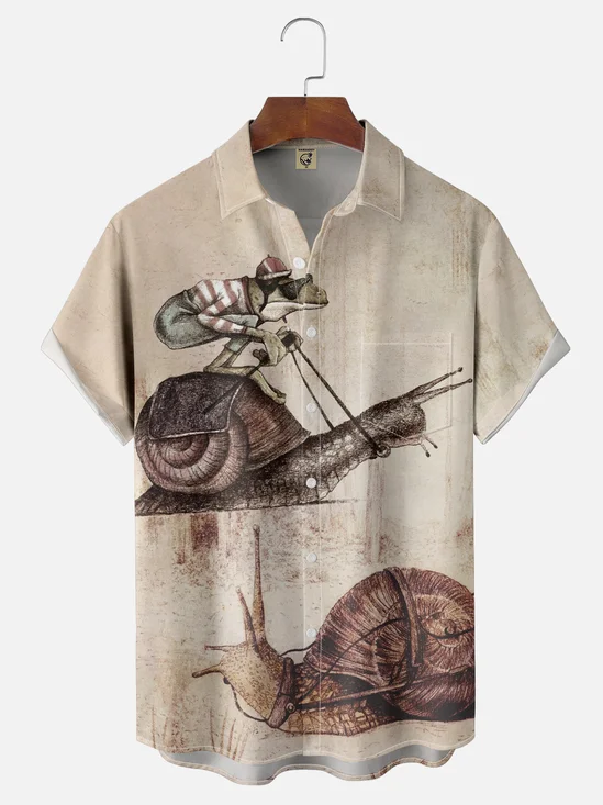 Hardaddy x Mikekoubou Moisture Wicking Art Tree Frog Riding A Snail Chest Pocket Hawaiian Shirt