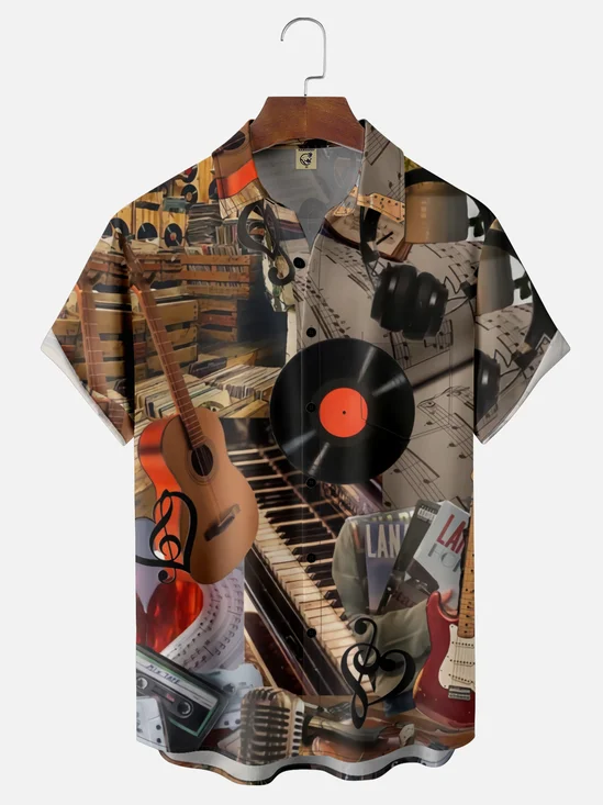 Moisture-wicking Vintage Vinyl Music Chest Pocket Casual Shirt