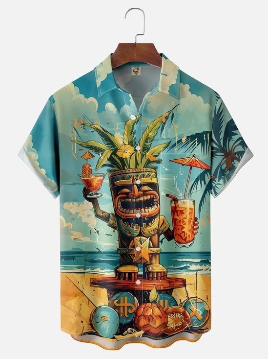 Moisture Wicking TiKi Beach Cocktail Chest Pocket Hawaiian Shirt