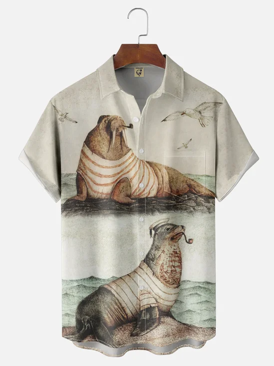 Hardaddy x Mikekoubou Moisture Wicking Art Walrus Seagull Chest Pocket Hawaiian Shirt