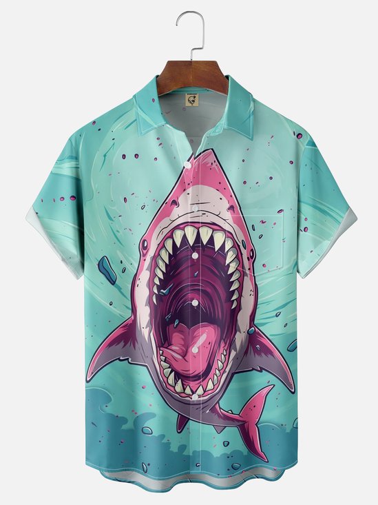 Moisture Wicking Ocean Animals Shark Chest Pocket Hawaiian Shirt