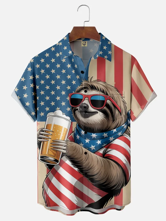 Moisture Wicking American Flag Sloth Cheers Oktoberfest Chest Pocket Hawaiian Shirt