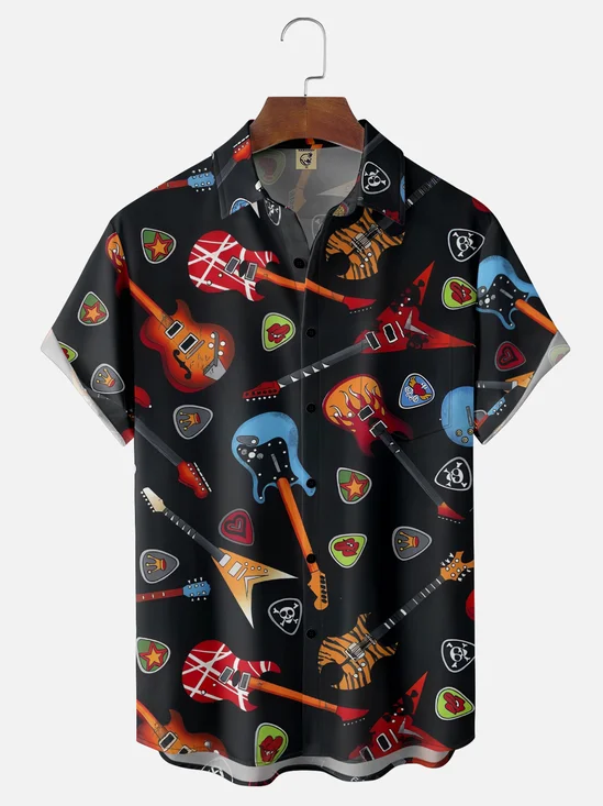 Moisture Wicking Rock Punk Guitar Chest Pocket Hawaiian Shirt