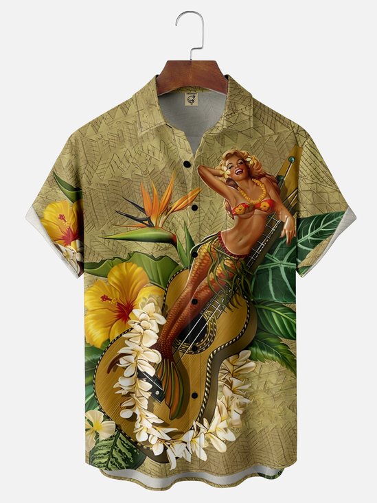 Moisture Wicking Hula Girl Guitar Chest Pocket Hawaiian Shirt