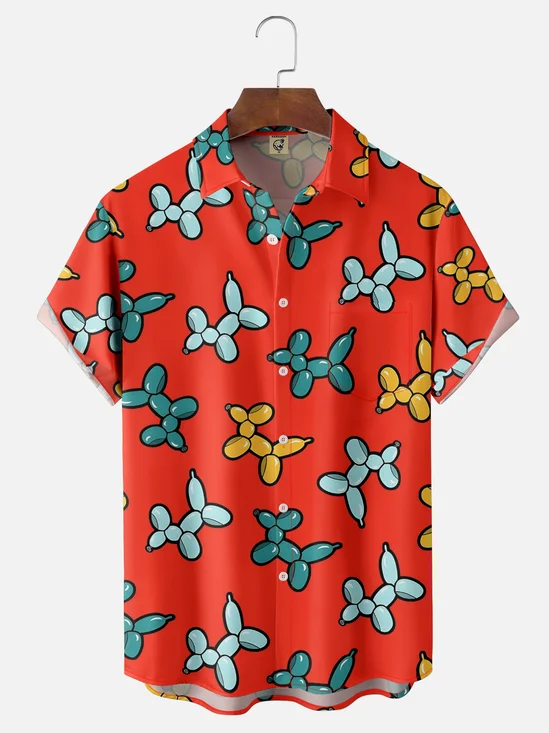 Moisture Wicking Cartoon Balloon Dog Chest Pocket Hawaiian Shirt
