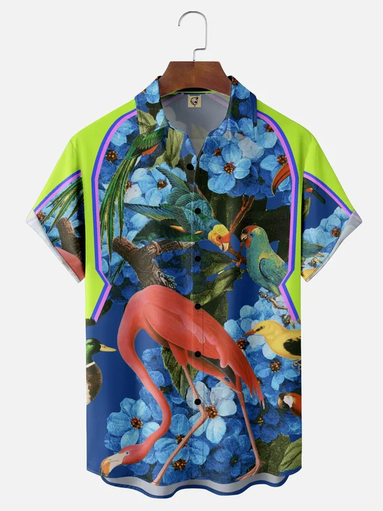 Hardaddy x Emmar Studio Moisture-wicking Floral Plant Flamingo Art Fun Chest Pocket Hawaiian Shirt