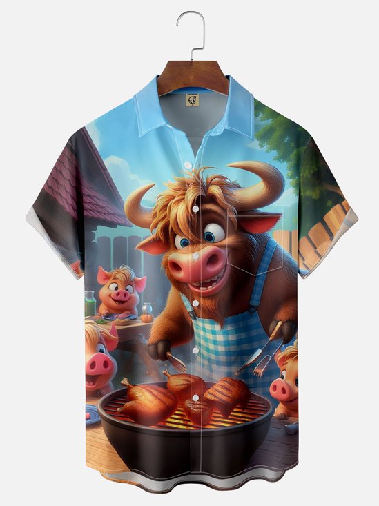 Moisture-wicking Cow Party BBQ Fun Chest Pocket Casual Shirt