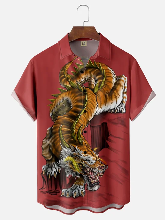 Moisture-wicking Ukiyo-e Dragon Tiger Japan Chest Pocket Hawaiian Shirt
