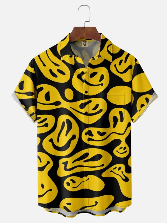 Moisture Wicking Abstract Smiley Face Chest Pocket Hawaiian Shirt